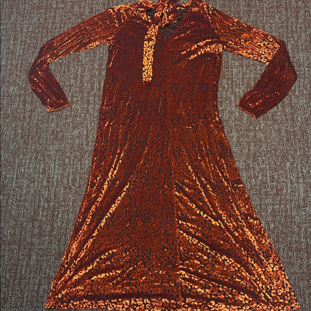 ASOS orange velvet leopard print sheer midi dress tie neck flowy dress high neck